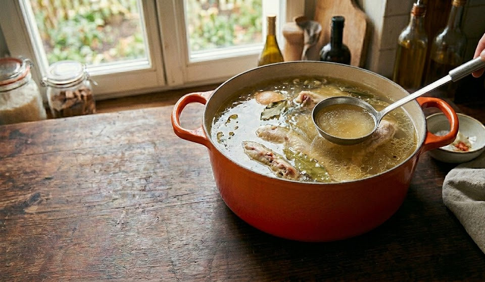 Une marmite de bouillon de poulet maison, doré et limpide