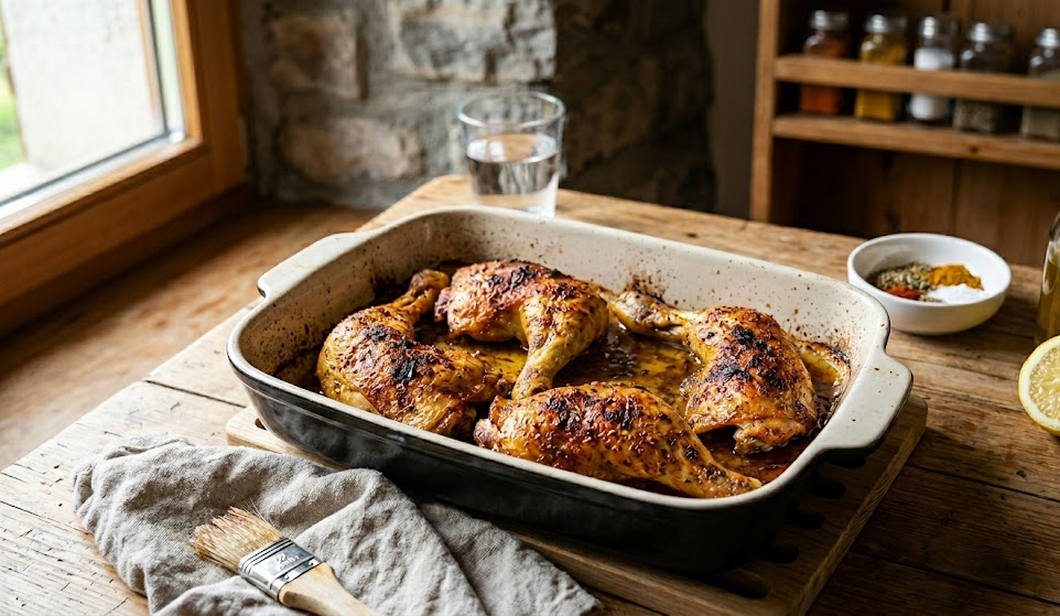 Cuisses de poulet dorées et marinées, sortant du four, peau croustillante