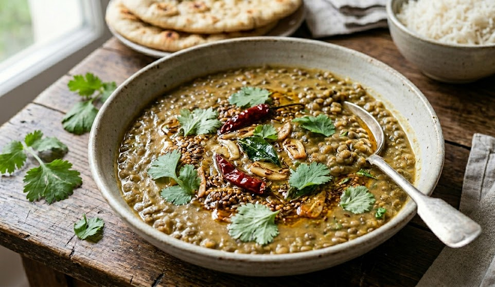 Un bol de dhal de lentilles vertes crémeux, nappé d'un tarka doré et parsemé de coriandre fraîche