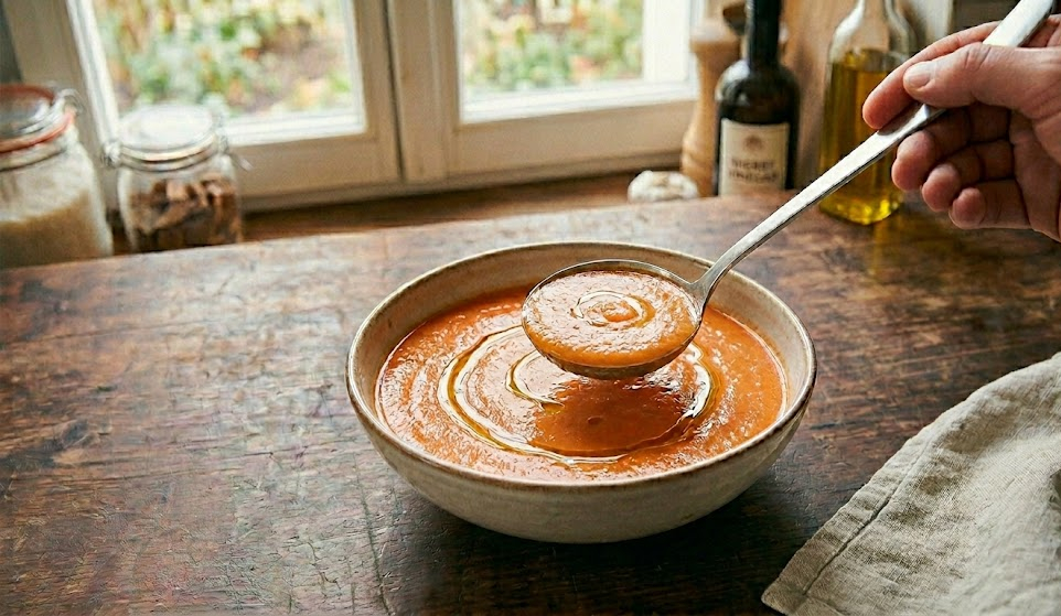 Un bol de gazpacho rouge orangé, filet d'huile d'olive et dés de légumes en garniture