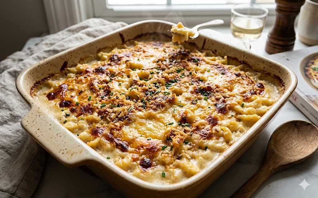Gratin de spätzlis doré au four, fondant, parsemé de persil