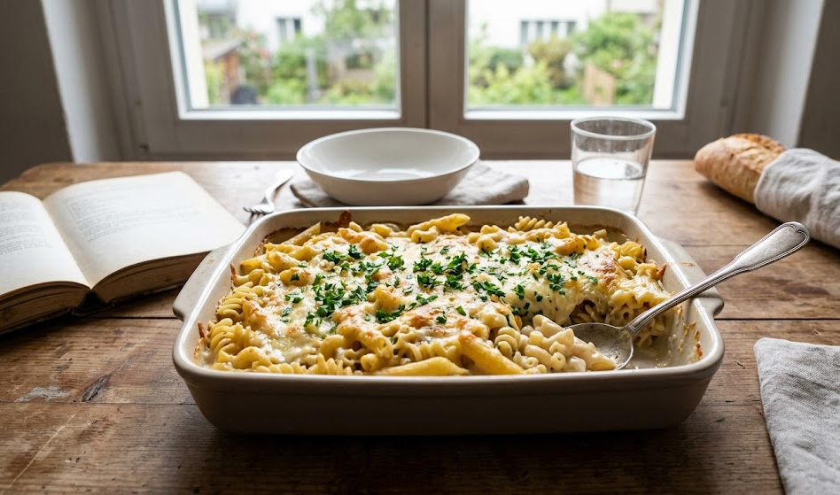 Un plat de gratin de pâtes mélangées doré sous une croûte de fromage fondu