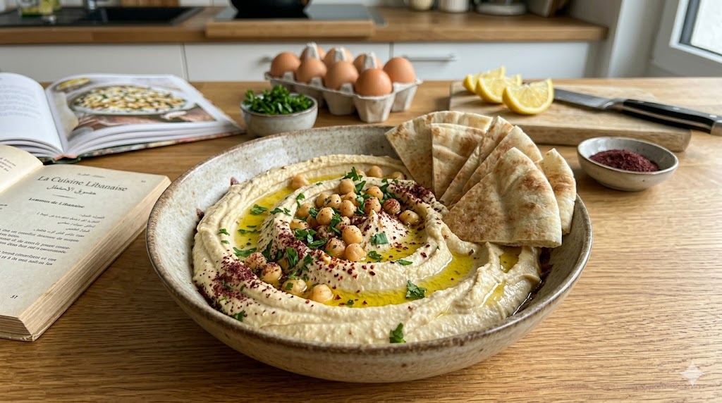Un bol de hummus crémeux avec filet d'huile d'olive et paprika