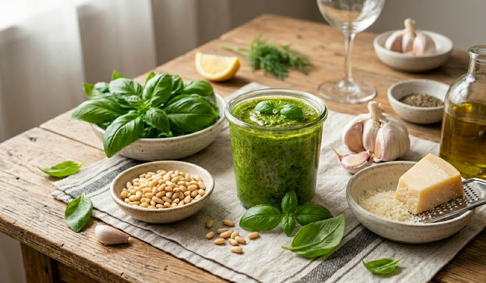 Un bocal de pesto vert vif aux feuilles de basilic et pignons