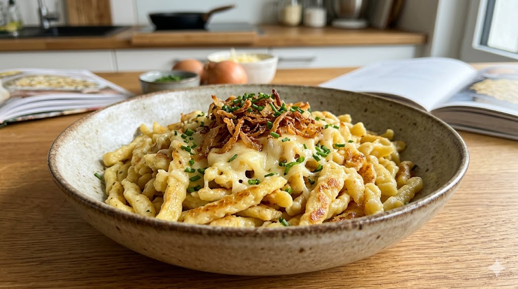 Une assiette de spätzlis dorés au beurre, parsemés de persil